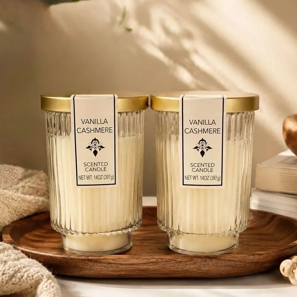 Set of 2 Vanilla Cashmere Ribbed Glass Candles 14 oz Each